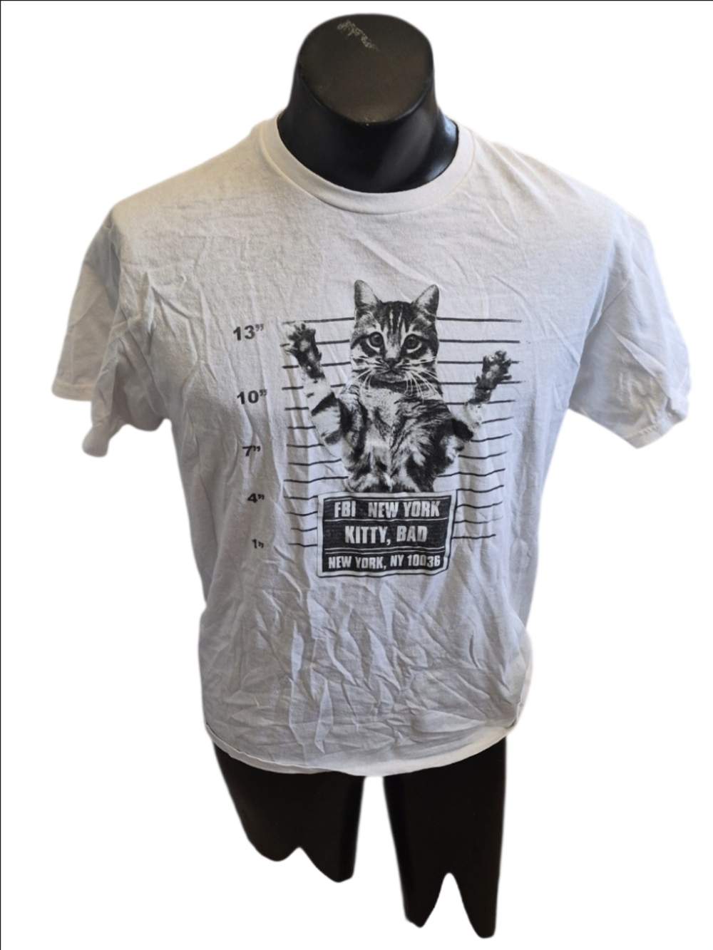 Delta White T-Shirt with Black Cat Mugshot Graphic